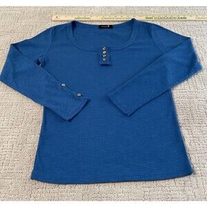 Kissfix Woman’s Medium Blue Top Ribbed Rayon/Sandex Long Sleeve Henley Neck.EUC